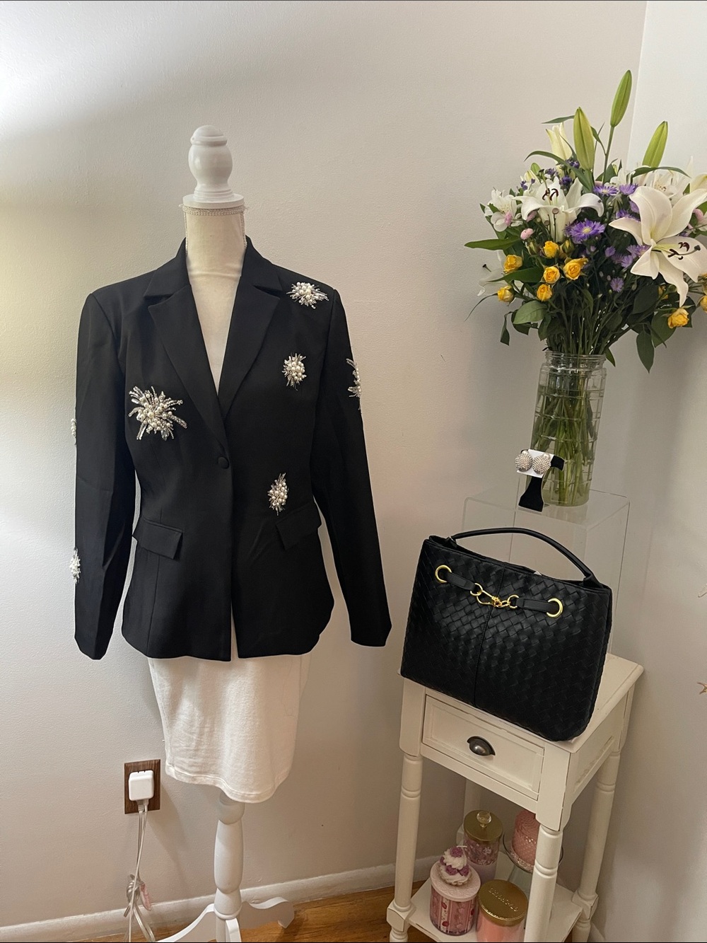 Black with Pearl and Sequined Embellished Women's Blazer